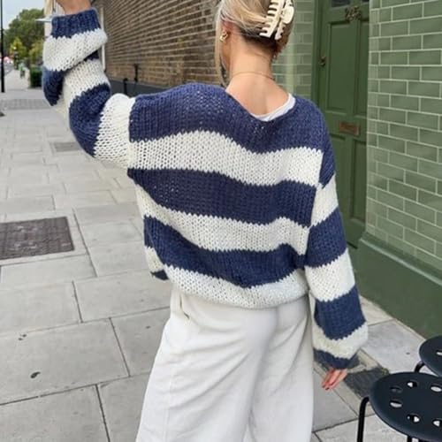 Image of Women Y2K Striped Sweater 90s Vintage Aesthetic Long Sleeve V-Neck Knit Pullover Jumper Loose Fall Sweatshirt