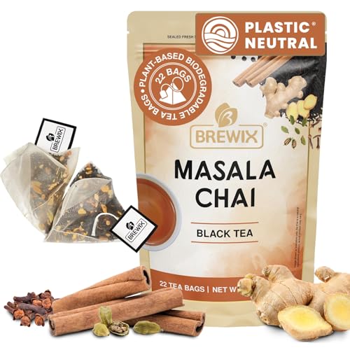 BREWIX, Masala Chai Tea Bags (22 Pyramid Tea Bags) Strong, Robust &amp; Spicy - Pure Ingredients | Black Tea, Cinnamon, Ginger, Black Pepper, Cardamom &amp; Cloves, Packed in Resealable Ziplock Pouch