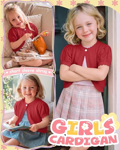 Image of Toddler Girls Cardigan Sweater | Short Sleeve Cardigan, School Wear Sweater, 18M-5T, Knit Baby Bolero Shrug, Cropped Puff Summer Tops, Button Open Front Shirt