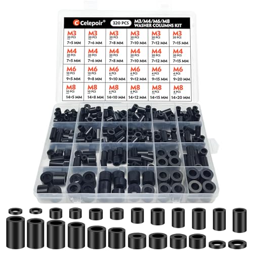 Celepoir 320 Stück ABS Abstandshalter Kunststoff Schwarz 24 Größen, Distanzhülsen M3 M4 M6 M8, Distanzhülsen Kunststoff, Lsolierung Abstandshalter, Abstandsschrauben für Verbinden von Leiterplatten