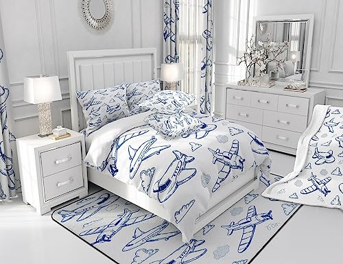 Juego de edredón de avión King para decorar la habitación de los niños con nubes azules 7