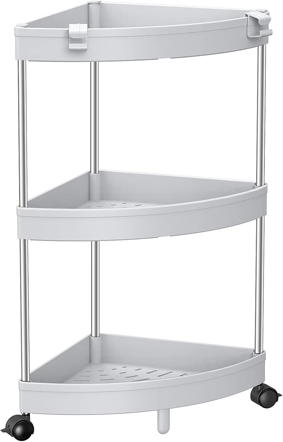 SOLEJAZZ Corner Shelves, 3-Tier Bathroom Cart Organizer, Rolling Storage Cart Corner Display Rack, Mobile Shelving Unit Space Saver Shelf for Living Room, Bathroom, Laundry Room, Kitchen, Gray