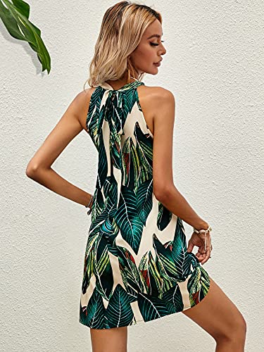 Floerns Women's Summer Floral Print Sleeveless Halter Neck Beach Party Dress Green Tropical S #TOP1