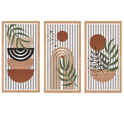 Yixuan 3 Piezas Escultura de Pared Decorativa en Madera, Decoración de Pared Bohémien con Diseño Geométrico y Hojas, Arte Mural Geométrico Moderno para Salón, Dormitorio, Oficina