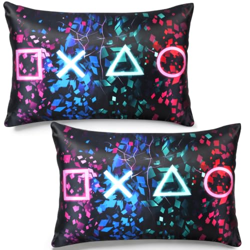 2 Pack Gamer Satin Pillowcases for Kids Adult, 30x20 Inch Soft Silk Feeling Pillow Covers with Zipper,Game Button Design, Cooling Breathable Pillow Cases for Boys Girls Bedroom