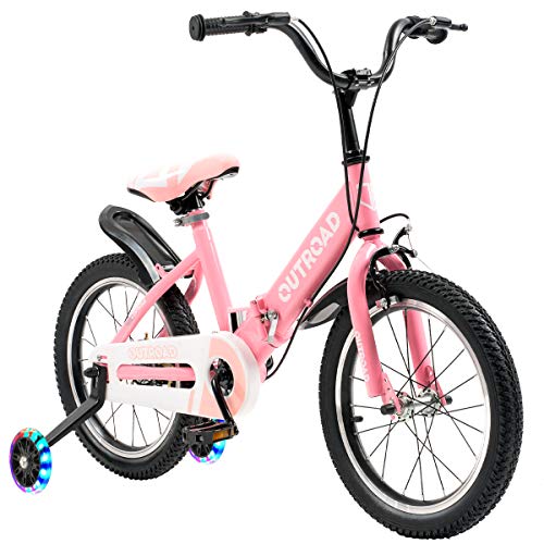 Max4out Folding Kids Bike for 3-5 Years Old Boys and Girlsï¼Œ14/16 Inch Foldable Kids' Toddler Bicycles with Flash Lighting Training Wheels and Dual Handbrakes, Baby Bike in Blue and Pink