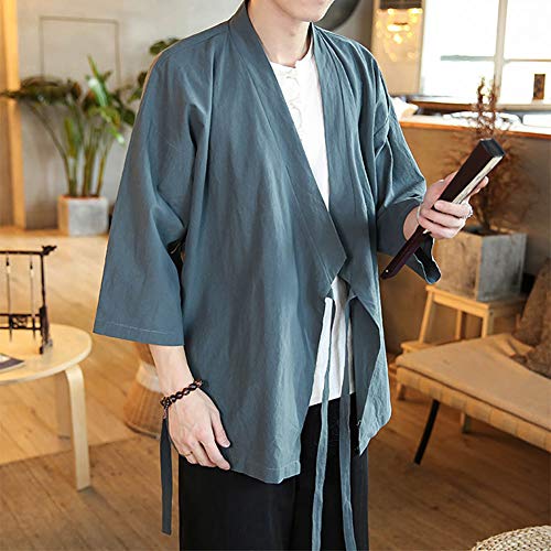 Image of Men's Chinese Style Linen Cardigan Jacket loose kimono Jacket Solid Color Self-tie Hanfu Traditional Clothing