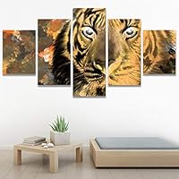 SIGNWIN 5 Panel Canvas Wall Art Modern Art Animals Dramatic Farmhouse/Country Lion Multicolor Photography Tiger for Home Decorations Ready to Hang - 60