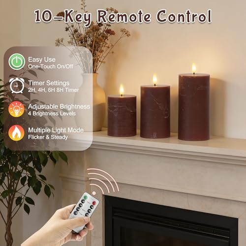 Image of Brown Flameless Pillar Candles with Remote, Real Wax Flickering Battery Operated Candles, LED Decorative Candles for Home Decor, Table, Fireplace Mantle, Set of 3