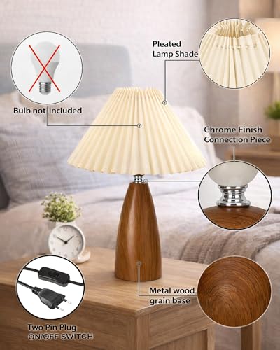 Image of Homesake Wood Grain Pattern Small Table Lamp, Desk Light, Wooden Bedroom Lamps for Nightstand, Scalloped Lamp Shade Table Lamps Small Spaces, Bedroom, Living Room, Taper Cone, (Pleated Off-White)