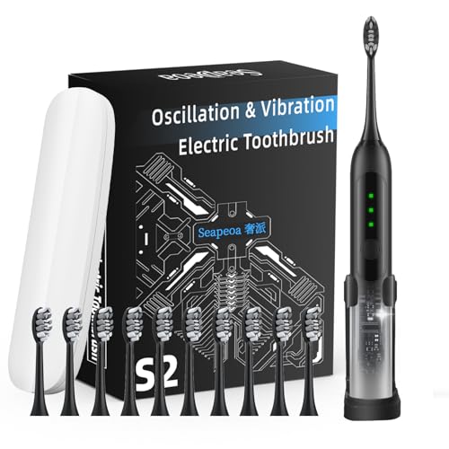 Image of Seapeoa Adult Sonic Electric Toothbrush with 10 Brush Heads, Travel Case, and Wall Bracket, Suitable for Both Adults and Kids, IPX8 Waterproof, USB Charging, 42000VPM, Black