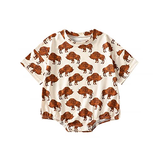Image of Kayotuas Western Baby Boy Girl Clothes Cow Print Bubble Romper Oversized Short Sleeve Tshirt Bodysuit Infant Summer Outfits
