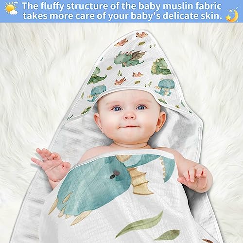 Image of Kigai Cute Dragon Muslin Hooded Baby Towel Ultra Soft and Absorbent Bath Towel for Boy Girl Cotton Baby Bathrobe Blanket for Newborn Infant Toddler, 30x30 Inch (Medium)