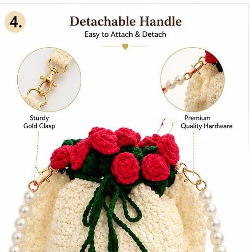 Image of Handmade Crochet Flower Crossbody Sling Bag for Women | Boho Knitted Bucket Shoulder Purse Rose Design