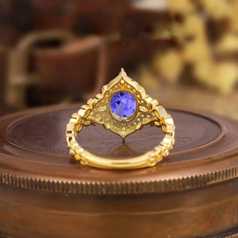 10K 14K 18K Gold Vintage Gemstone Engagement Ring for Women with Moissanite/Diamond 2 Carat Oval Gemstone Anniversary Ring Size 3-15