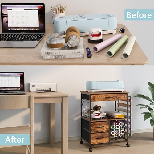 Image of VENNQD Storage Cart Compatible with Cricut Machines Stand Cutting Machine Stand with Drawers and Vinyl Roll Holder Rolling Craft Cabinet Table for Cricut Craft Workstation (Rustic Brown)