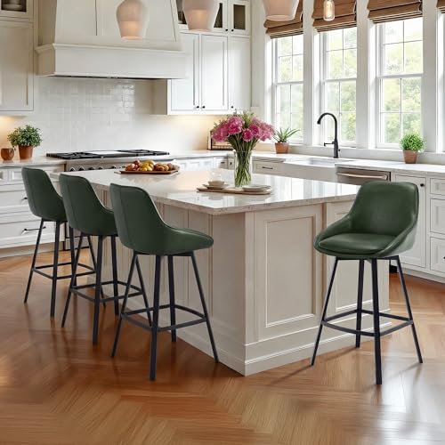 Image of Zesthouse Swivel Counter Height Stools Set of 2, Modern Upholstered Barstools with Backs, 26'' Faux Leather High Chairs for Island Kitchen, Counter Height Chairs with Metal Legs, Green