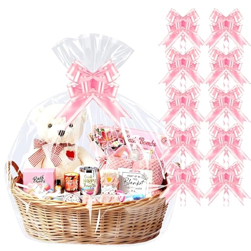 Image of PigPotParty Cellophane Bags for Gift Baskets, 30x40 in, 10 Pack, Pink Bows | Thick clear OPP holds shape; seamless bottom resists tears; easy-to-use large pull bows save time and add a polished finish