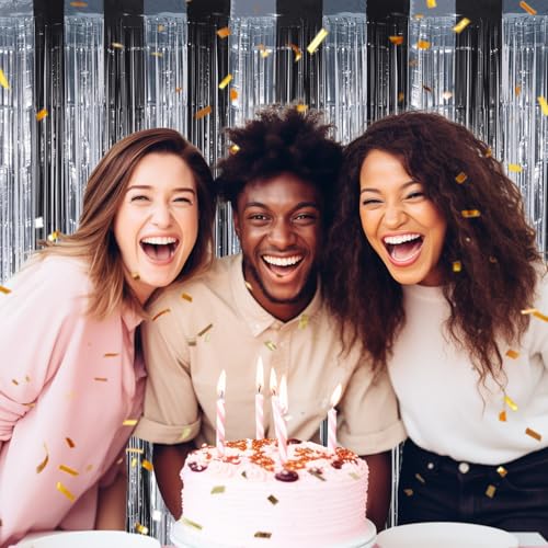 Image of DECOCKRAT 3 Pack Foil Fringe Backdrop - Black&Silver Shiny Tinsel Curtains for Party Decoration /Photo Booth Props - 3.3x8.2 FT Metallic Foil Backdrop for Birthday, Wedding, Graduation, Christmas.