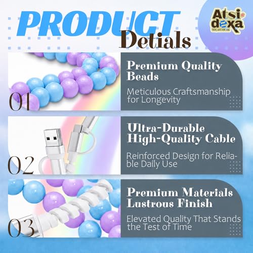 Image of 4-in-1 Beaded Charging Cable, MFi Certified, Works with CarPlay, 3.3FT 60W Fast Charger Cord for iPhone 17 /16 /15 /14 /13 /12 /11, iPad, Samsung, Android and More (Lavender Sky)