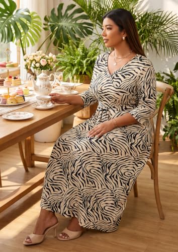 Image of Runwind Plus Size Wrap Dress for Women, Maxi A-Line Dresses with Belt | Versatile maxi for weddings church holiday parties, 3 /4 Sleeve V-neck with pcckets, soft stretchy fabric, 1X-6X