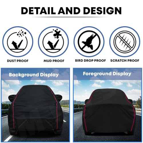 Image of Waterproof Car Cover for Ford Figo Aspire | All-Weather Protection, Dustproof & UV Resistant | Triple Stitched Mirror Pockets, Windproof Buckle Strap with Elastic Hem, Black-Red Piping