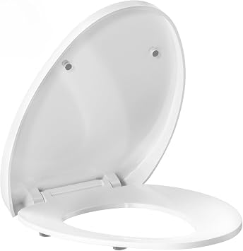 White elongated toilet seat, with soft-close hinges, non-slip pads, made of plastic, durable and easy to clean, easy to install, suitable for bathrooms and rental housing toilets. 18.89x14.76