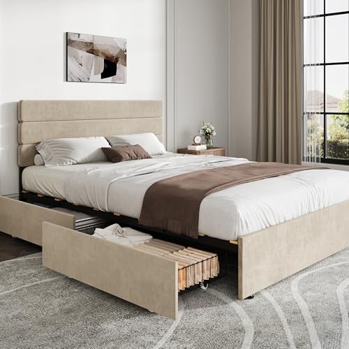WLIVE Queen Size Upholstered Bed Frame with 4 Storage...