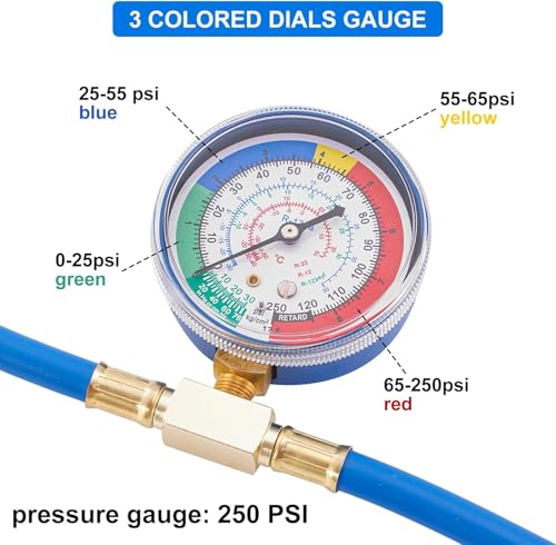 R134A Refrigerant Charge Hose Kit with Self-Sealing Can Opener, R134A Low Side Quick Coupler, with 1/2’’ RH Can Tap Opener Low Pressure Gauge and 59\'\' Recharge Hose