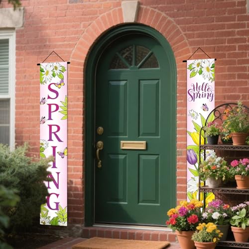 Image of Nuxovilar Hello Spring Tulip Daisy Porch Banners 12x70 Inches Polyester | Spring Porch Sign, Hanging Decor Colorful welcome Banner, Floral Tulip Accent Garden, Yard, Home (Hello Spring)