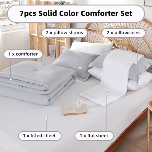 Image of weigelia Queen Comforter Set 7 Pieces Queen Size Comforter Set Light Grey Comforter Queen Size Soft Comforter with Fitted Sheets, Flat Sheets, Pillow Shams, and Pillowcases