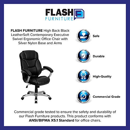 Flash Furniture High Back Black Leathersoft Contemporary Executive Swivel Ergonomic Office Chair With Silver Nylon Base And Arms #TOP5