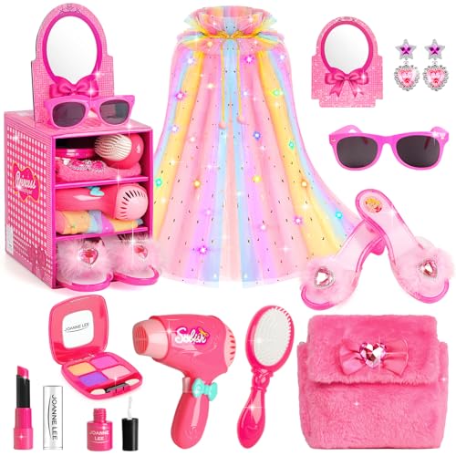 Princess Cape Dress Up Shoes, Kids Makeup Set for Girls Pretend Play Beauty Hair Salons Toys Gift for 3-6 Toddler Little Girls
