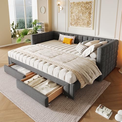 HESHU Tagesbett Ausziehbar Bett 90/180x200 mit 2 Schubladen, Schlafcouch Polsterbett Gästebett, Ausziehbar zum Doppelbett, Schlafsofa, ohne Matratze,Grau