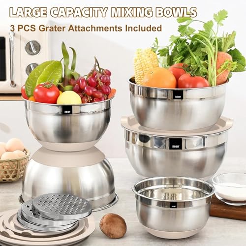 Image of Stainless Steel Mixing Bowls with Lids Set, 3 Grater Attachments, Airtight Lids, Non-Slip Silicone Base Mixing Bowl Set, Large Prep Metal Mixing Bowls for Kitchen, Khaki