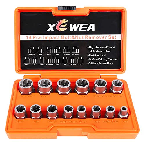 XEWEA Professional 14PCS Bolt Extractor Set, 3/8' Drive Impact Stripped Bolt Remover Socket Set for Removing Damaged Broken Rounded Off Bolt & Nut, Impact Grade Cr-Mo Steel with Case Father's Day Gift