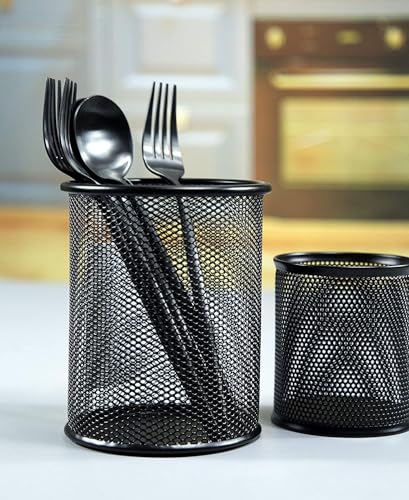 Image of Metal Mesh Pen Stand for Office & Home Desk | Black Stationery Holder Organizer for Pens, Pencils, Markers, Makeup Brushes | Durable Round Wire Mesh Pen Stand (Pack of 1) (Black)