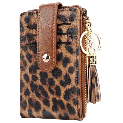 Slim Card Holder Wallet for Women RFID Blocking Leather Multi Card Bifold Wallet with Tassel Zipper Coin Pocket,Leopard3