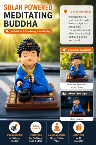 Image of Solar-Powered Moving Head Buddha Statue| Feng Shui Monk Figurine for Positive Energy, Peace & Prosperity | Shaking Head Buddha Idol for Car Dashboard, Home & Office Decor (Red and Yellow)
