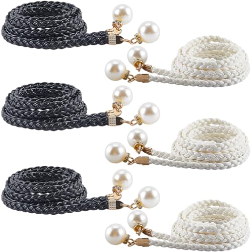 CRASPIRE 6Pcs Thin Braided Belt PU Leather 54.37 Inch Boho Knotted Waistband Rope Vintage Skinny Trendy Adjustable Tie Decorative Woven Waist Cord for Ladies Women Summer Skirt Dress Clothes