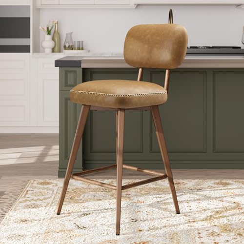 Image of MALOL 26 inch Swivel Bar Stools Set of 4, Mid Century PU Leather Counter Height Bar Chairs with Low Back and Metal Legs, Modern Bar Stool Chair for Kitchen Island, Brown