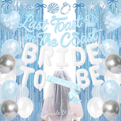 Last Toast on the Coast Bachelorette Party Decorations Blue Beach Coastal Bridal Shower Decorations Bride to Be Decorations with Banner Sash Veil Balloons Fringe Curtain