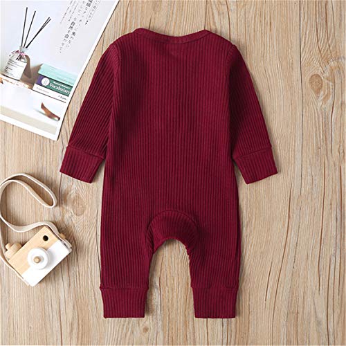 Kuriozud Newborn Infant Unisex Baby Boy Girl Button Solid Romper Bodysuit One Piece Jumpsuit Outfits Clothes (Long Sleeve one Piece Wine red, 0-3 Months)