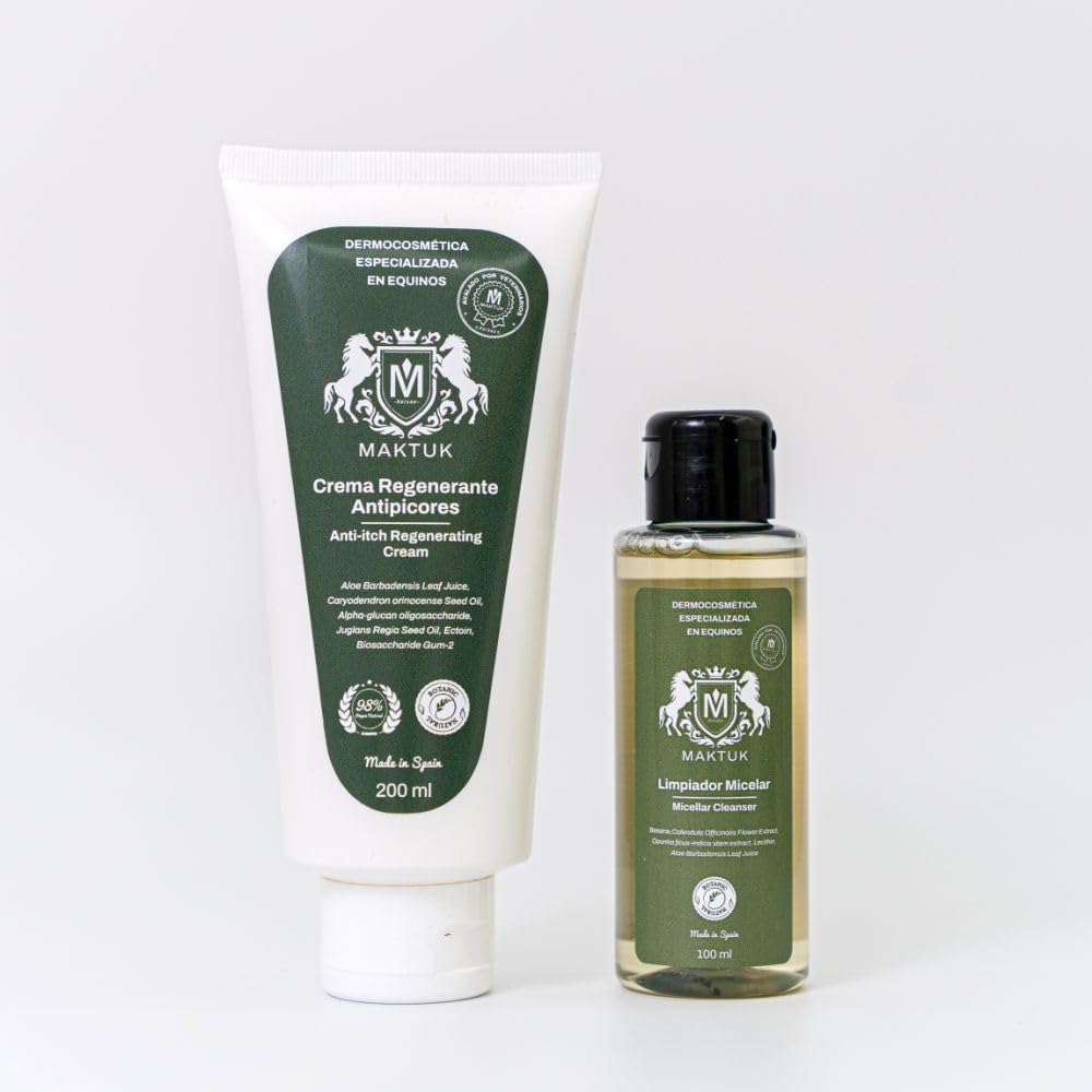 Opakowanie do pielęgnacji skóry dla koni, psów i kotów Maktuk Horses. Składa się z regenerującego kremu przeciwswędzącego I 200 ml I i Micelar Cleanser I 100 ml I