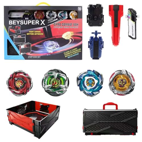 Burst Gyro All in One Portable Battle Arena Set, 4 Metal Fusion Attack Spinning Tops with 2 Two-Way Launchers & 2 Handles, Gyro Blade Battling Game Toy Gift for Kids Boys Ages 6 7 8 9 10+ (CX01-4A)
