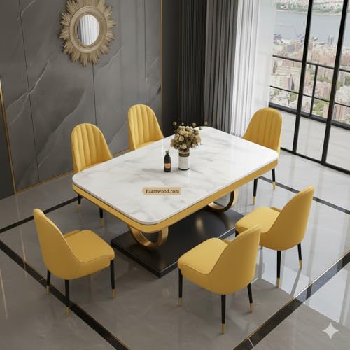 Image of 6-Seater Dining Table with Nano Composite Marble Top and PVC Golden Wooden Base |2yr Warranty - Includes 6 Fabric Upholstered Chairs (Yellow, White Marble Top)