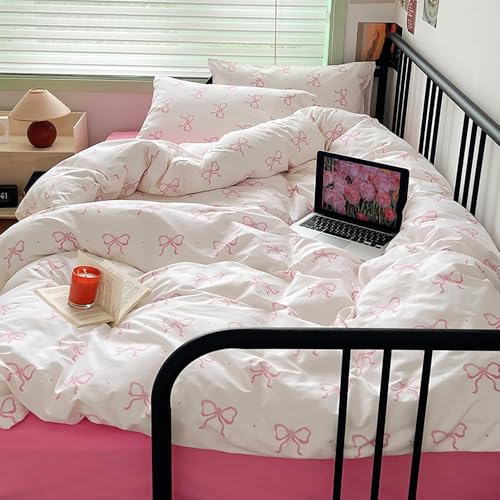 Image of Nayoroom Pink Bow Duvet Cover Twin Size Polka Dot Bowknot Coquette Duvet Cover 2 Pieces Soft Lightweight Microfiber Girls Cute Aesthetic Dorm Bedding Set