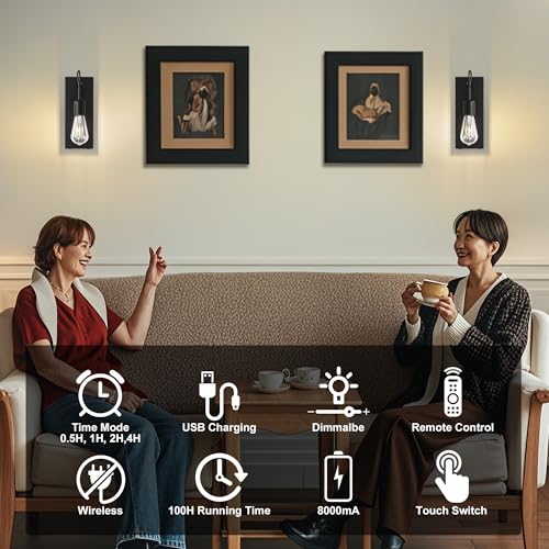 Image of Battery Operated Wall Sconces Set of 2, Black Rechargeable Wall Lights with 8000mA Dimmable Detachable Bulbs, Industrial Wall Lamp for Living Room Bedroom Dining Room