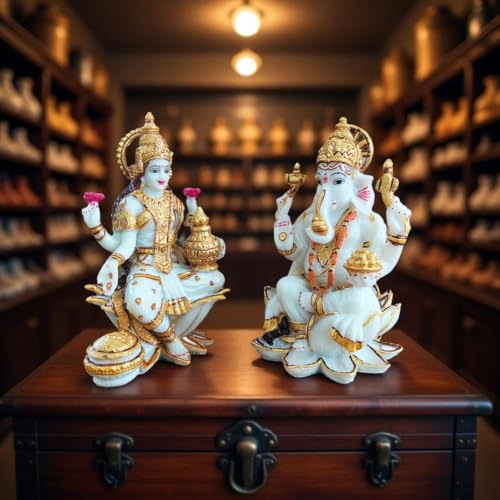 Image of YASHONIDHI Lakshmi MATA and Lord Ganesh Idol Set, White and Golden, Marble Dust, 7 Inches, Perfect for Pooja Room, Diwali Puja, Gift for All Occasions.