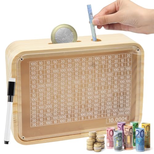 Hucha de Madera Reutilizable, Caja de Ahorro 10000 Euros, Huchas Retro con Objetivos, para Adultos y Niños